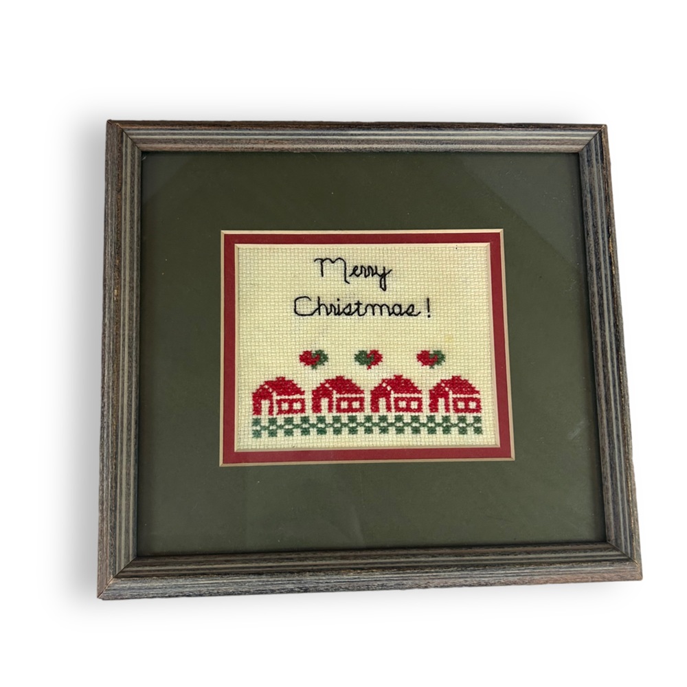 Vintage Handmade Cross Stitch Christmas Framed Artwork Small 9"x10"